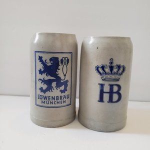 HB & Lowenbrau  Munchen Stoneware Steins Artist Signed‎ 1 Liter Set of 2 Vintage